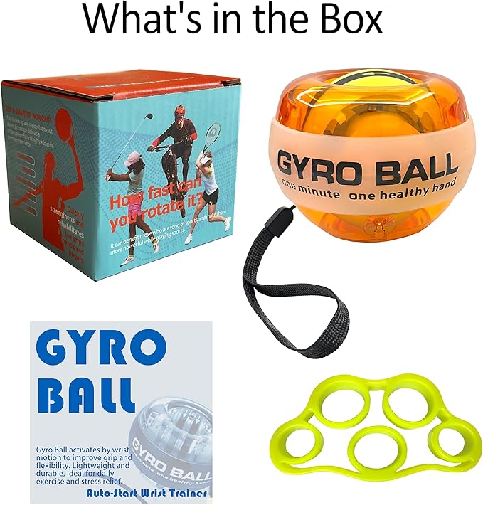 Auto-Start Gyro Ball Wrist Trainer – No Counter Grip Strengthener with Finger Band for Hand & Forearm Exercise – Stress Relief Spinner for Office, Rehab & Fitness