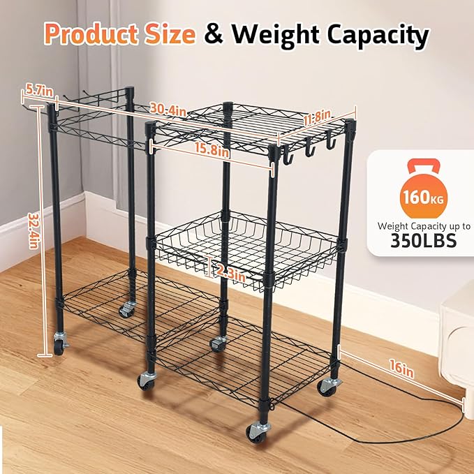 Dumbbell Rack, Home Gym Storage with Locking Wheels & 4 Hooks, 3 Tier Adjustable Workout Equipment Storage for Yoga Mat, Foam Roller, Dumbbell, Kettlebell, Fitness Ball and Resistance Band