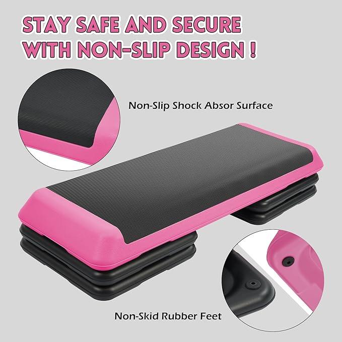 Fitvids Step Aerobic Platform, Exercise Step with 5 levels Adjustable Height, 4 Stackable Risers, Fitness Training Workout Stepper for Home Gym, Cardio Strength, Multiple Options