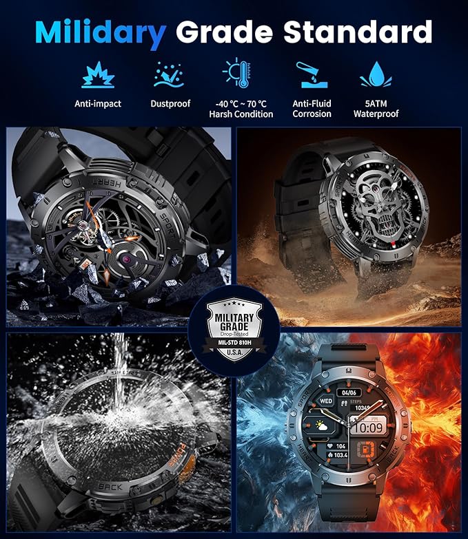 Military Smart Watches for Men for Android/iPhone-1.43''AMOLED Display Smartwatch with 123 Sport Modes/Flashlight,5ATM Waterproof Fitness Tracker with Heart Rate/Sleep Monitor,Silicone