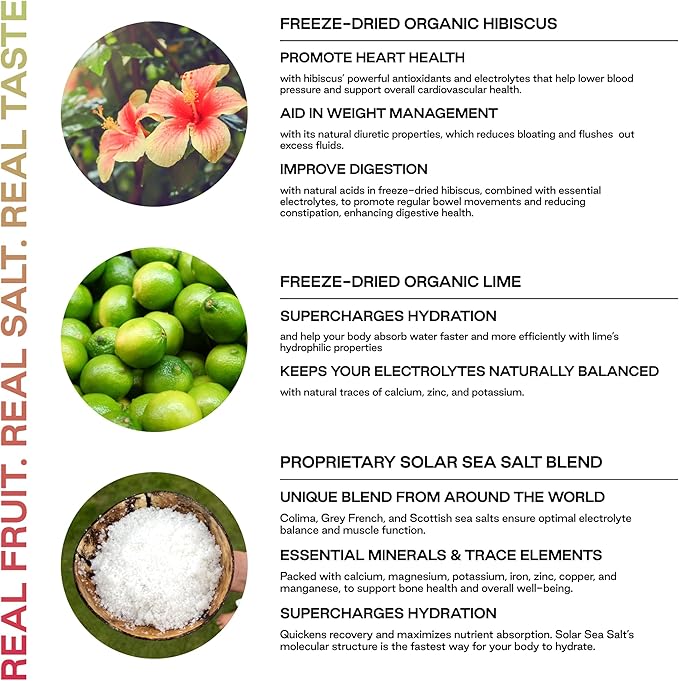 Purest Electrolyte Hibiscus Lime Powder Packets – Whole Food Hydration - Organic Freeze-Dried Fruits and Solar Sea Salts for Ultimate Electrolyte Balance