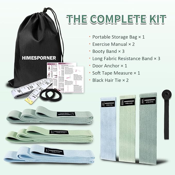 9 PCS Fabric Resistance Bands Set for Working Out, Non-Slip Exercise Booty Bands for Women & Men Leg and Glutes with Hair Ties and Tape Measure - for Home Gym Workout, Yoga, Pilates