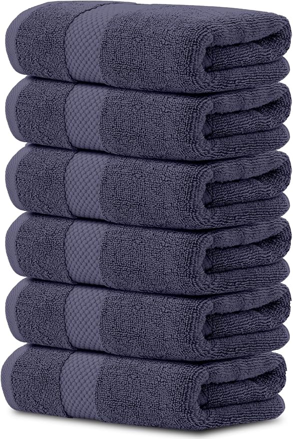 White Classic Luxury Hand Towels | Cotton Hotel spa Bathroom Towel | 16x30 | 6 Pack | Navy Blue