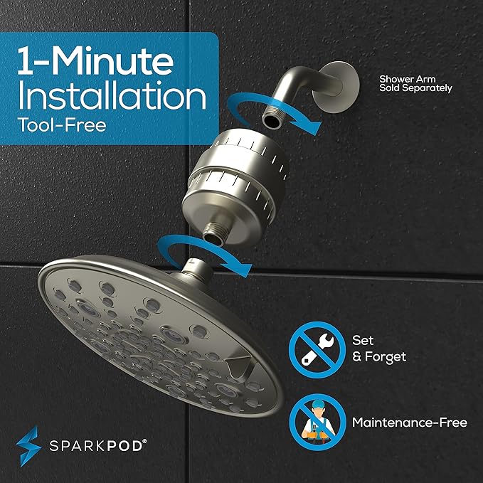 SparkPod Luxury Filtered Shower Head Set 23 Stage Shower Filter - Reduces Chlorine and Heavy Metals - High Pressure Showerhead Filter (8" Round, Elegant Brushed Nickel)