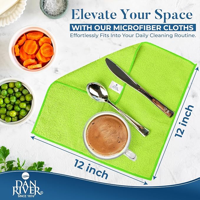 DAN RIVER 12-Pack Green Microfiber Towels โ Ultra Absorbent, Lint-Free & Streak-Free Terry Cloth Rags for Home, Car & Kitchen - Must-Have Cleaning Essentials - 12" x 12"