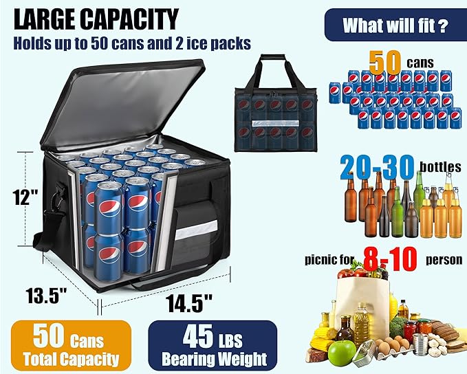 MyLifeUNIT Insulated Cooler Bag for Food & Pizza Delivery Bag Suitable for Car, Bike, Camping, Picnic, Beach, Large Size