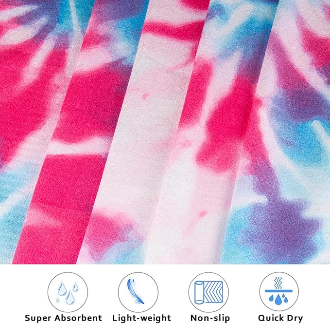 Colorful Star Large Yoga Towel with Corner Pockets, Non Slip Grip Dots Absorbent Hot Yoga Mat Towels, Yoga Blankets with Travel Bag, Mat Cover for Workout, Gym, Fitness - 74"x26", Pink Blue Tie-dye