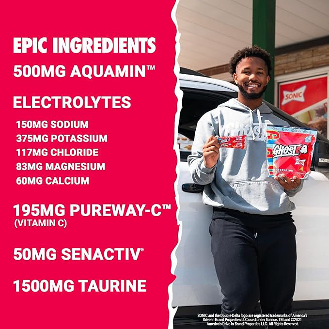 GHOST Hydration Packets, Sonic Cherry Limeade, 24 Sticks, Electrolyte Powder - Drink Mix Supplement with Magnesium, Potassium, Calcium, Vitamin C - Vegan Friendly, Free of Soy, Sugar & Gluten