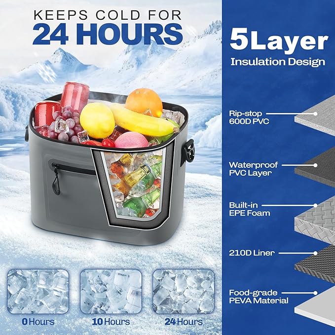 Insulated Cooler Bag, 7/16/30 Can Collapsible with Bottle Opener for Lunch Coolers for Picnic, Beach, Work, Trip - Soft Ice Coolers Bags with Zipper Foldable Portable Stands Upright