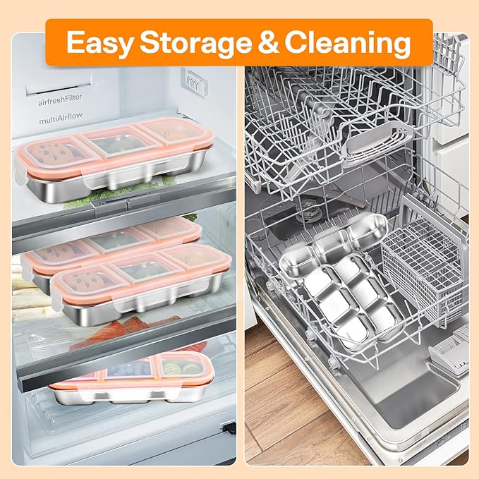 Stainless Steel Snack Containers, Reusable Snack Containers with Lids Stainless Steel Lunch Box with 3 Compartment Divided Food Storage for Home Work Travel Outdoor Camping (Orange 1 Pack)