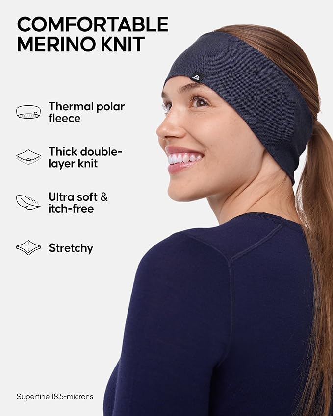 DANISH ENDURANCE Merino Wool Headband, with Thermal Inner Fleece, for Men and Women, Unisex, 1 or 2-pack, Dark Navy, M/L