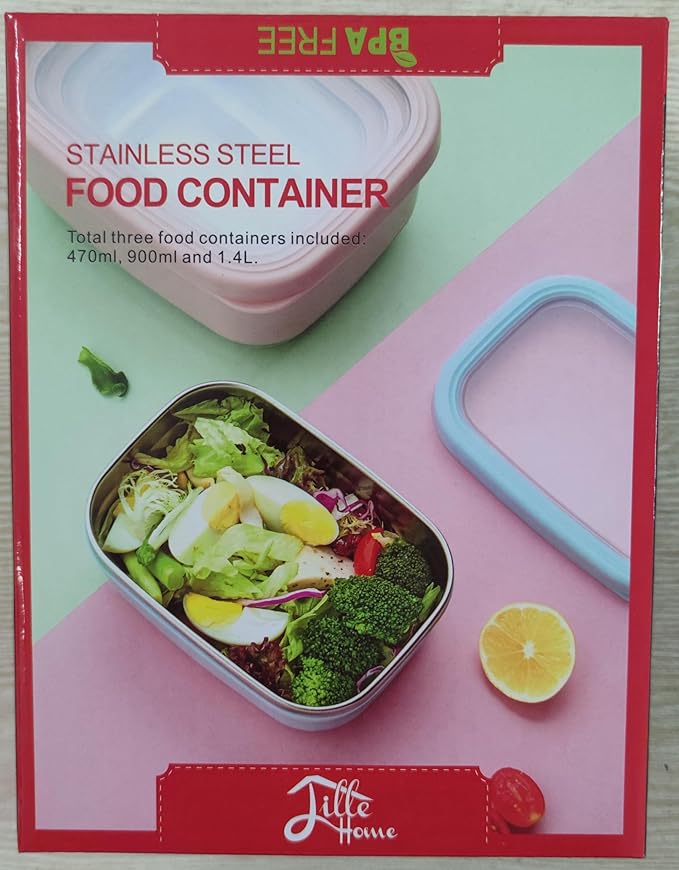 Lille Home Leak Proof Salad Container Stainless for Lunch - Snack Containers Steel - Ideal for Educational Settings & Daycare - Nesting Trio with Silicone Lids - 47oz+30oz+16oz - Blue