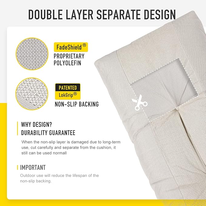 SUNROX LokGrip Non Slip Tufted Memory Foam Bench Cushion, FadeShield Water Resistant Durable Thicken Outdoor/Indoor Bench Seat Pads 42x16x4 inch, Cream