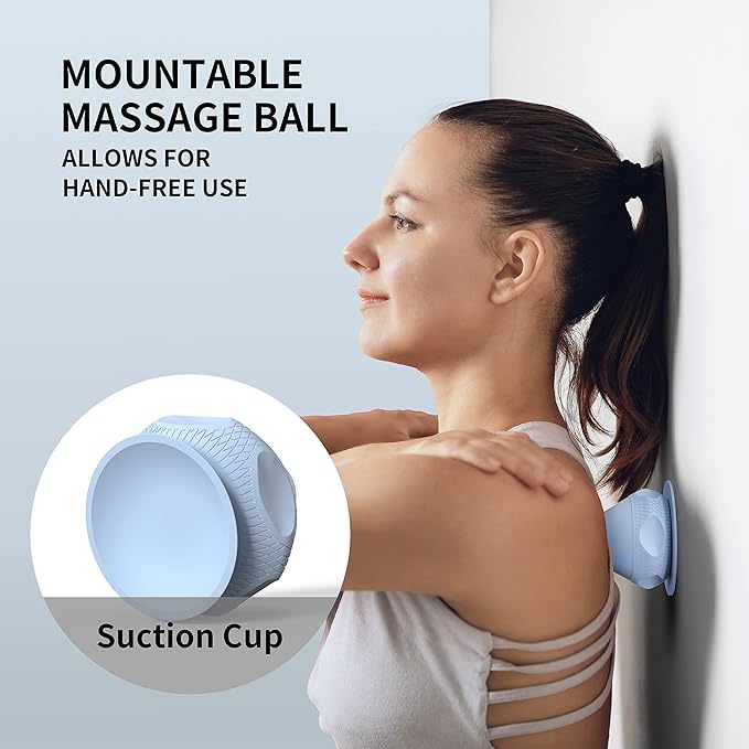 Mountable Self-Massage Ball Handfree with Suction Cup,Deep Tissue Back Sore Muscle Knot Massager,Myofascial Release,Manual Massage Balls, Foot Plantar Fasciitis, Back Stress Relief- Blue