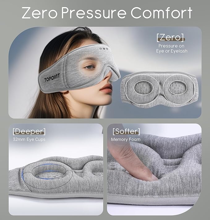 Sleep Mask with Headphones Bluetooth 5.4, TOPOINT 3D Eye Mask Blackout with Soft Bamboo Cotton for Side Sleepers Women Men, Sleep Headphones Earphones HD Speaker Microphone for Travel Meditation Gift