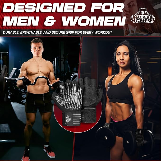 Bear Grips Weight Lifting Gloves for Men & Women | Half Finger Lifting Gloves | Full Finger Workout Gloves for Men | No Finger Exercise Gloves l Compression Weightlifting Gloves | Gym Gloves for Men