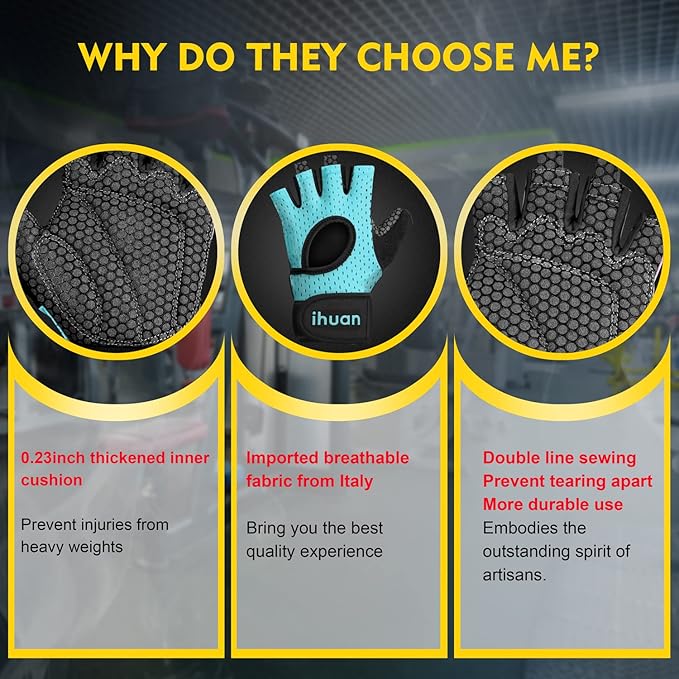 ihuan Breathable Weight Lifting Workout Gym Gloves: Fingerless Exercise Wrist Support | Enhance Palm Protection | Extra Grip for Fitness |Training | Rowing | Pull-ups