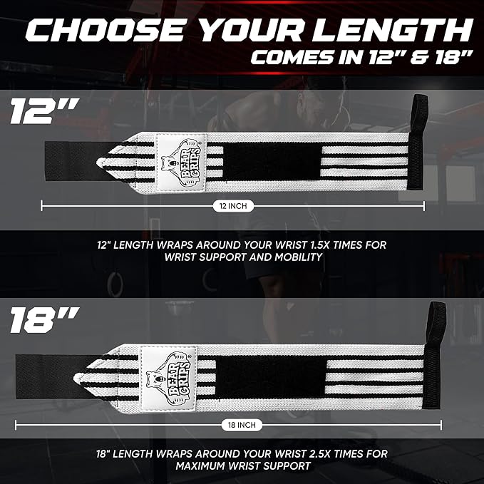Bear Grips Wrist Wraps for Weightlifting | Weight Lifting Wrist Straps for Weightlifting | Extra Strength Gym Wrist Wraps | Two Wrist Wrap Per Pack | 12β & 18β | Lifting Wrist Wraps for Men & Women