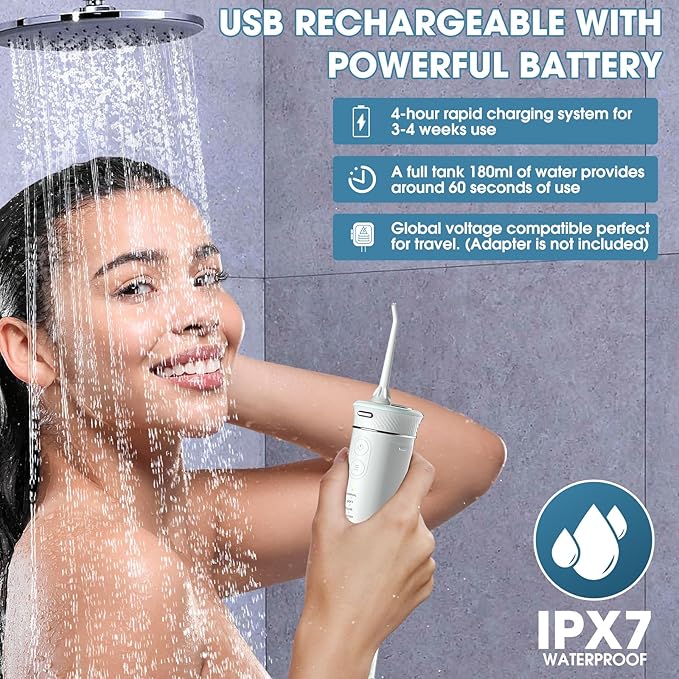 HANGSUN Compact Travel Water Flosser-Cordless, Deep Plaque Removal, 30 Days Battery, 3+1 Modes (DIY 8 Levels), 6 Nozzles for Braces/Sensitive Gums, IPX7, 180ml Collapsible Tank, Rechargeable, Green