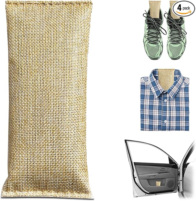 4 Pack charcoal odor absorber,Bamboo Charcoals Air Purifying Bag Charcoals Deodorizer Eliminator for Strong Odors in Car, Closet, Shoe, Basement (75G*4 Pack Beige-3, Unscented)