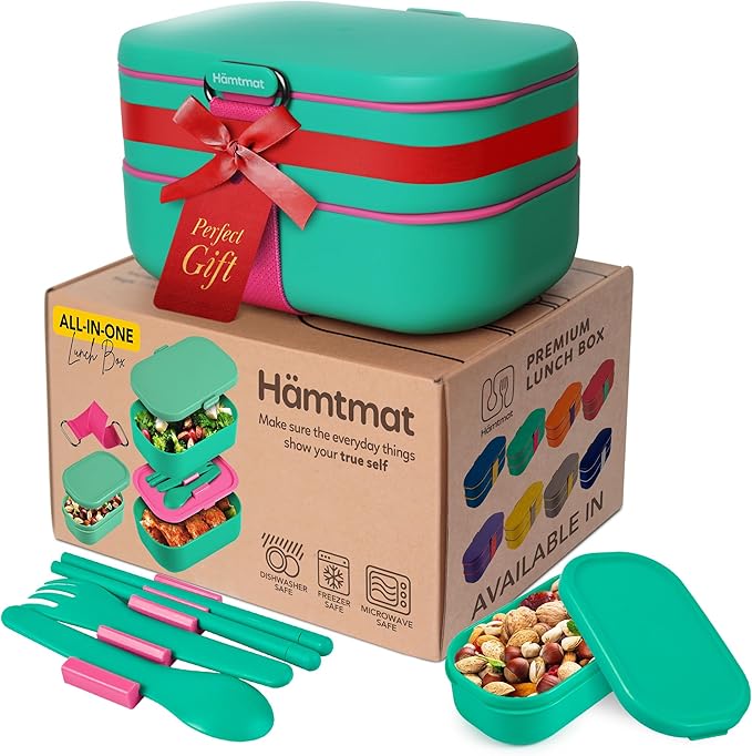 Insulated Stackable Bento Box for Adults with Reusable Chopsticks Japanese Lunch Box Microwavable & Leak Proof Lunch Containers for Men & Women Modern Cute Food Container with Compartments (Turquoise)