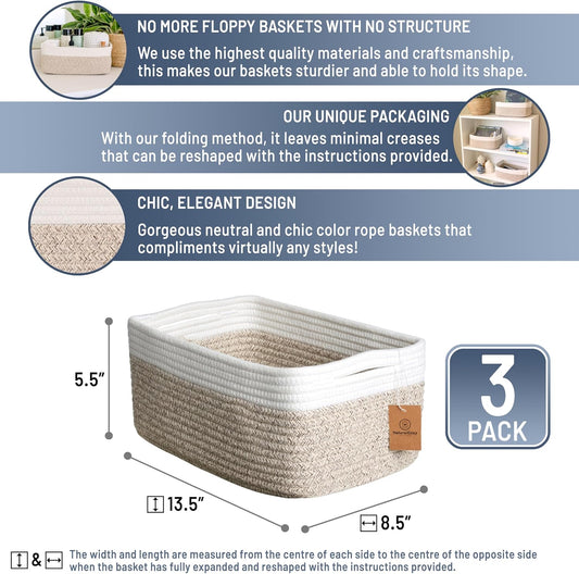 NaturalCozy 13.5”x8.5”x5.5” Storage Baskets for Shelves 3 Pack | Cotton Rope Woven Small Baskets for Organizing | Small Storage Bins for Nursery, Bathroom, Closet, Cube Shelf, Decorative, Gift