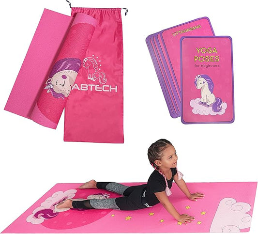Kids Yoga Mat Set for Boys & Girls - Doll, Unicorn, Mermaid, Panda, Dinosaur and UnderWater - Chemical Free - Non-Toxic - Non-Slip - 60 X 24 X 0.2 Inches - w/ 12 Yoga Cards - Cute Carrier Bag - Ages 3-12