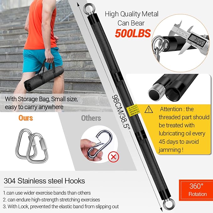 DASKING Resistance Band Bar Set for Home Gym, 500LB Total Resistance with Longer Bar & 4 Stackable Bands, Detachable for Full Body Workouts, Door Anchor, Exercise Guide