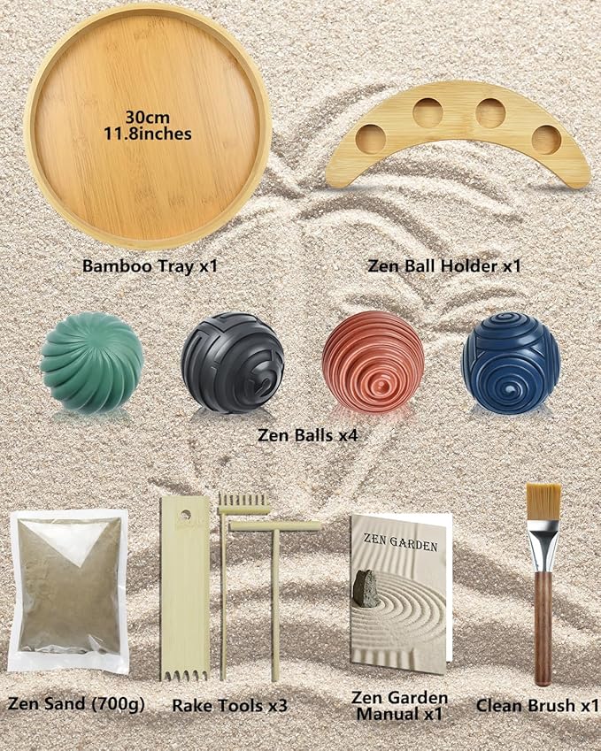 Artcome Jpanese Mini Zen Garden Kit for Desk - Bamboo Sand Tray with 4 Unique Zen Balls & Rake Tools - Relaxation and Meditation Sand Garden for Office, Home & Mindfulness Therapy - Ideal for Gift