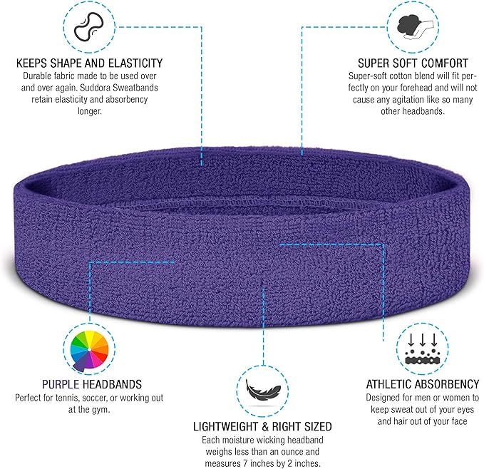 Suddora Sweatbands Set, Moisture Wicking 2 Wristbands and 1 Headband, Breathable Terry Cloth Athletic Bands for Basketball, Tennis, Yoga, Gym, Sweat Bands for Costumes and Cosplay