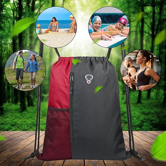 BeeGreen Bright Red Drawstring Backpack Gym Bag For Men & Women – Sports Sackpack with Mesh Water Bottle Holder & 2 Zippered Pockets – Large 16x20 Inch Cinch String Backpack