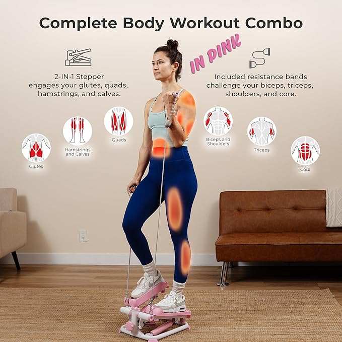 Sunny Health & Fitness Mini Stepper for Exercise at Home, Stair Step Workout Machine with Resistance Band and Over 300lb Weight Capacity, Optional Twist Motion and Free SunnyFit App Connection