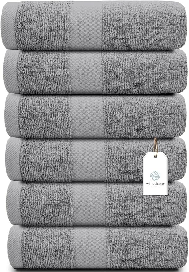White Classic Luxury Hand Towels | 100% Turkish Cotton Hotel spa Bathroom Towel | 16x30 | 6 Pack | Light Grey