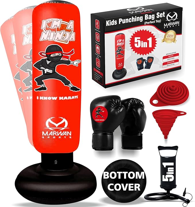 Marwan Sports 5-in-1 Inflatable Punching Bag for Kids β 63" Karate Toy Set with Boxing Gloves, Durable Fast Rebound, Active Play Christmas/Birthday Gift for Boys & Girls Ages 4-12