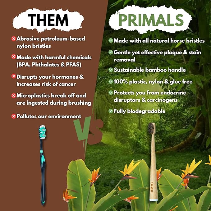 PRIMALS Horse Bristle & Bamboo Toothbrush (4-Pack) - Luxurious & Soft Horse Bristles - Fully Biodegradable - Plastic & Nylon Free - Quick Dry Design