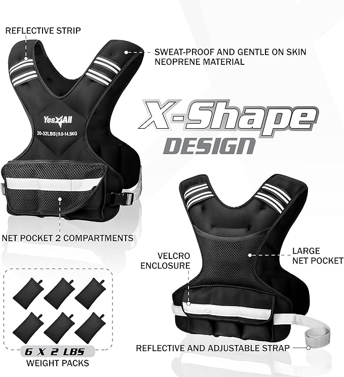 Yes4All Adjustable Weighted Vest 11-32lbs with Reflective Strip, Large Weight Vest for Strength Training for Men & Women