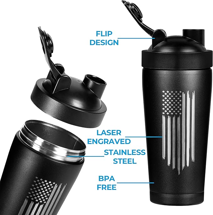 Military Gift Shop 24oz American Flag Insulated Shaker Bottle with Engraved Torn USA Flag Design with Ball | American Flag Gifts | Flag Shaker Cup