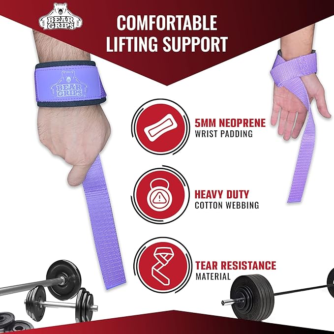 Bear Grips Lifting Straps - Gym & Weightlifting Straps for Men & Women, Deadlift Support, 2 Pairs