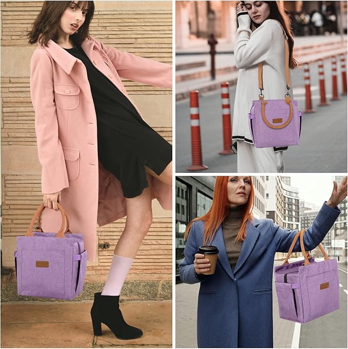 Joymee Lunch Bag Women Insulated Lunch Box with Adjustable Shoulder Strap Large Reusable Leakproof Spacious Cooler Tote for Women Men Adult with Bottle Holder and Side Pockets - Purple