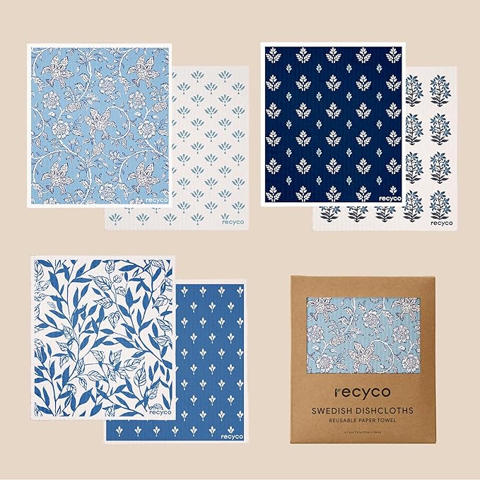 RECYCO Swedish Dishcloths for Kitchen | 6 Pack Heritage Florals Blue Washable Dish Rags | Cellulose Reusable Cleaning Paper Towels | Absorbent Counter Dish Cloth Sponge Kitchen Wipes, 8" L x 7" W