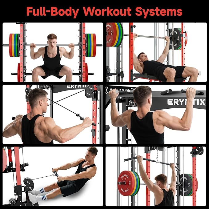 Smith Machine Power Rack, Eryntix All-in-One Power Cage with Cable Crossover, Squat Rack, LAT Pulldown & Pull-Up Bar, 2600LBS Capacity Home Gym Equipment with 18 Attachments for Strength Training