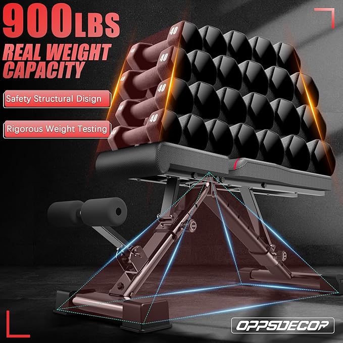 OPPSDECOR Adjustable Weight Bench, 900LBS Easy Assembly Fast Folding Workout Bench, Space Saving Weight Benches Incline Decline Flat Utility Bench Press Bench for Home Gym Strength Training