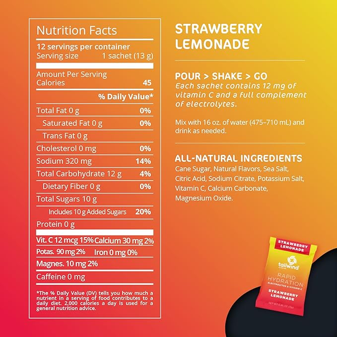 Tailwind Nutrition Rapid Hydration, Electrolyte & Hydration Powder, Vitamin C & Sea Salt Exercise Workout Mix, Strawberry Lemonade, Pack of 12 Sticks