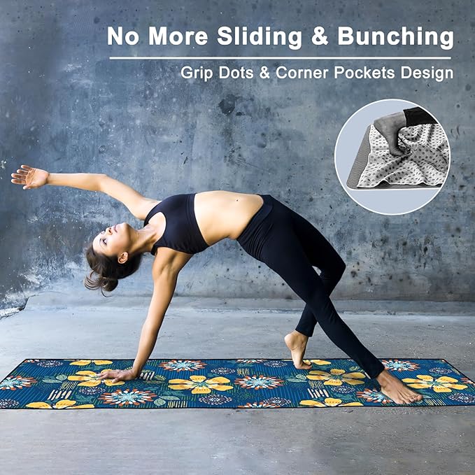 Colorful Star Yoga Towel with Corner Pockets, Non Slip Grip Dots Sweat Absorbent Hot Yoga Mat Towels, Yoga Blankets with Travel Bag, Mat Cover for Workout, Gym, Fitness - 74"x26", Blue Yellow Flowers