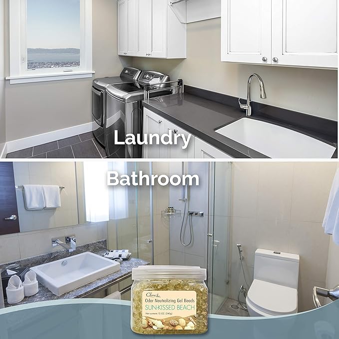 Clear Air Odor Eliminator Gel Beads - 12 oz, Pack of 2 - Air Freshener Made with Essential Oils - Eliminates Odors in Bathrooms, Cars, Boats, RVs & Pet Areas - Sun-Kissed Beach Scent