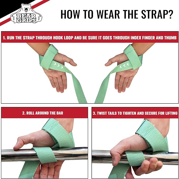 Bear Grips Lifting Straps - Gym & Weightlifting Straps for Men & Women, Deadlift Support, 2 Pairs
