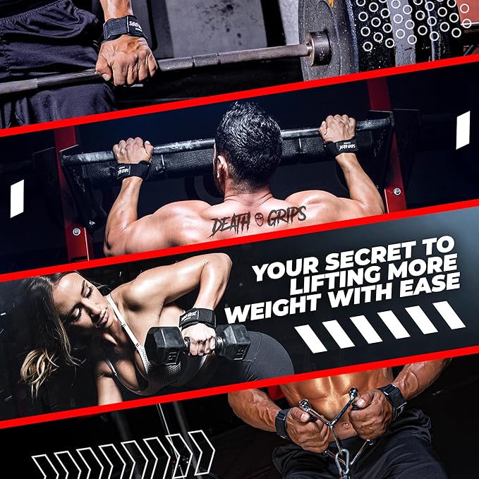 JerkFit Death Grips Premium Lifting Straps - Car Tire Grade Rubber PVC Wrist Straps for Shrugs, Pull Ups & Deadlifts with Neoprene Padded Support