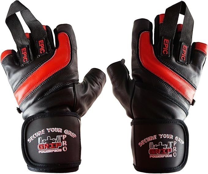 Epic Leather Gym Gloves with Built in 2" Wide Wrist Wraps Grip & Design for Weightlifting Power Lifting Bodybuilding & Strength Training Workout Exercises