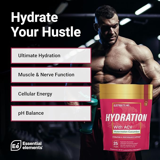 Essential Elements Hydration Packets - Watermelon Cucumber Pack - Sugar Free Electrolytes Powder Packets - 50 Stick Packs of Electrolytes Powder No Sugar - Hydration Drink - with ACV & Vitamin C