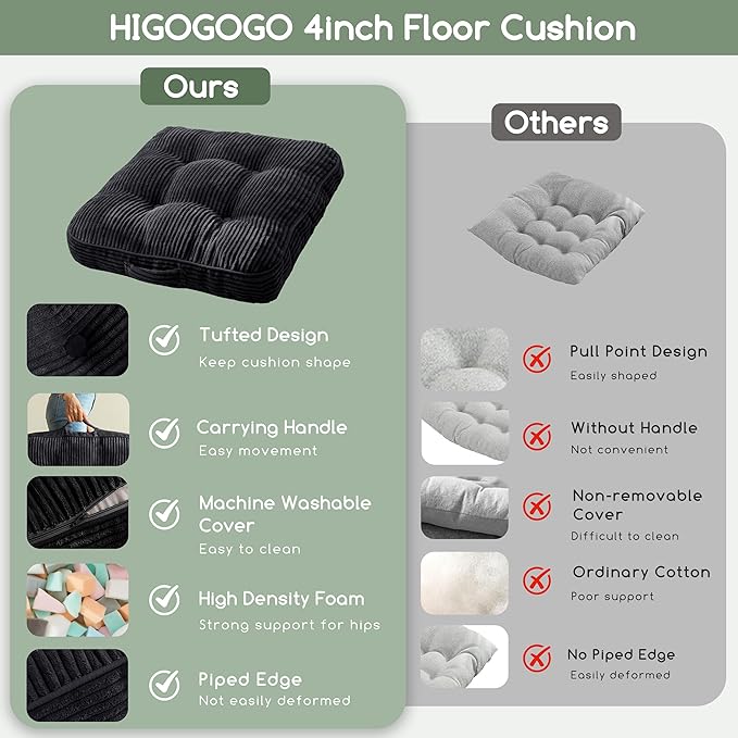 Washable Floor Pillow Cushion for Adults, Meditation Cushion Pillow, Large Square Floor Sitting, Removable Tufted Corduroy Cover, for Tatami Living Room or Yoga, 22x22 Inch, 2Pack, Machine Washable